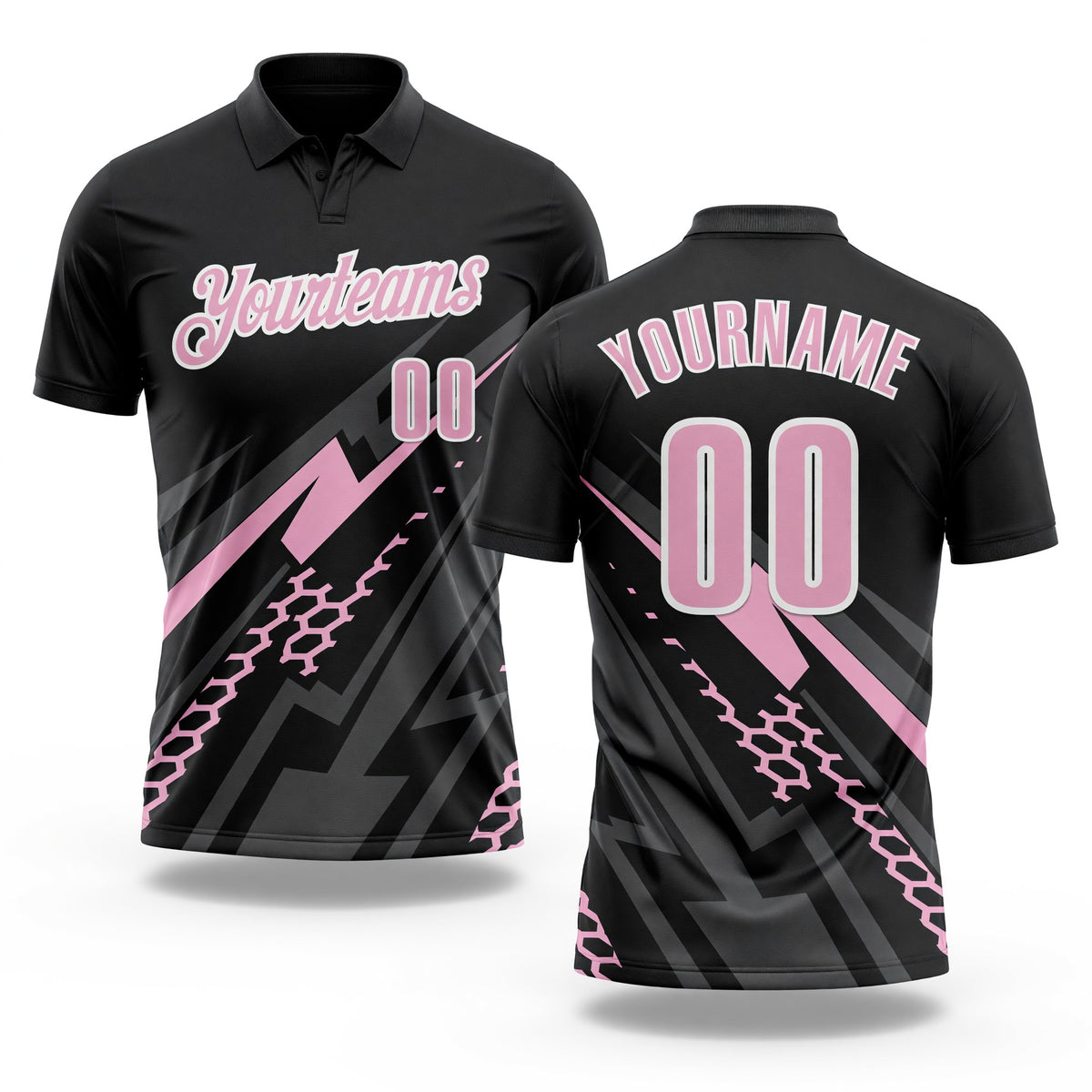 Custom Black Light Pink-White 3D Bowling Geometric Shape Performance Polo Shirt