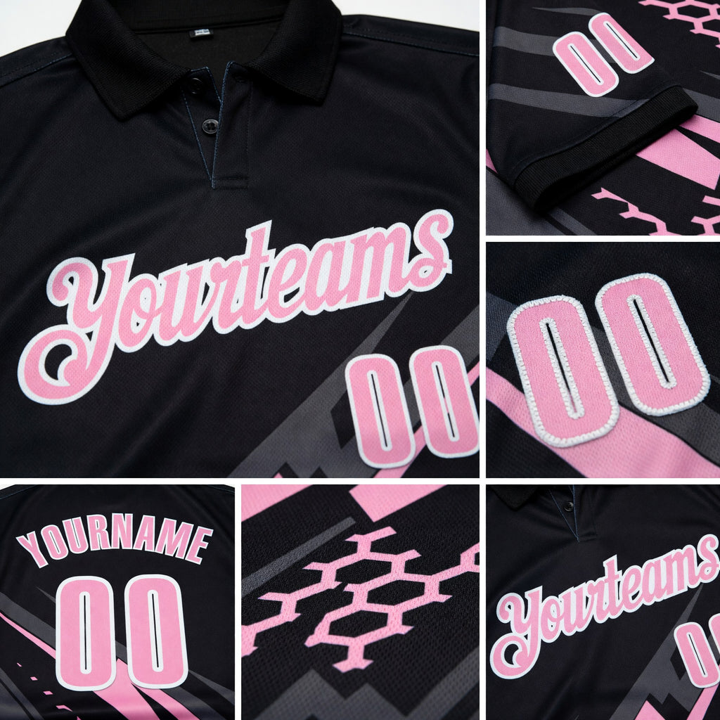 Custom Black Light Pink-White 3D Bowling Geometric Shape Performance Polo Shirt detail