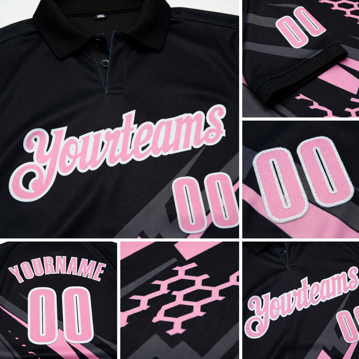 Custom Black Light Pink-White 3D Bowling Geometric Shape Performance Polo Shirt detail
