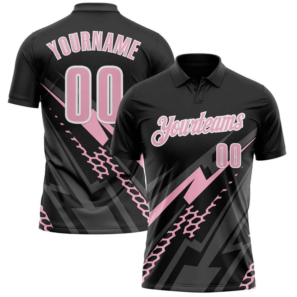 Custom Black Light Pink-White 3D Bowling Geometric Shape Performance Polo Shirt photo 1
