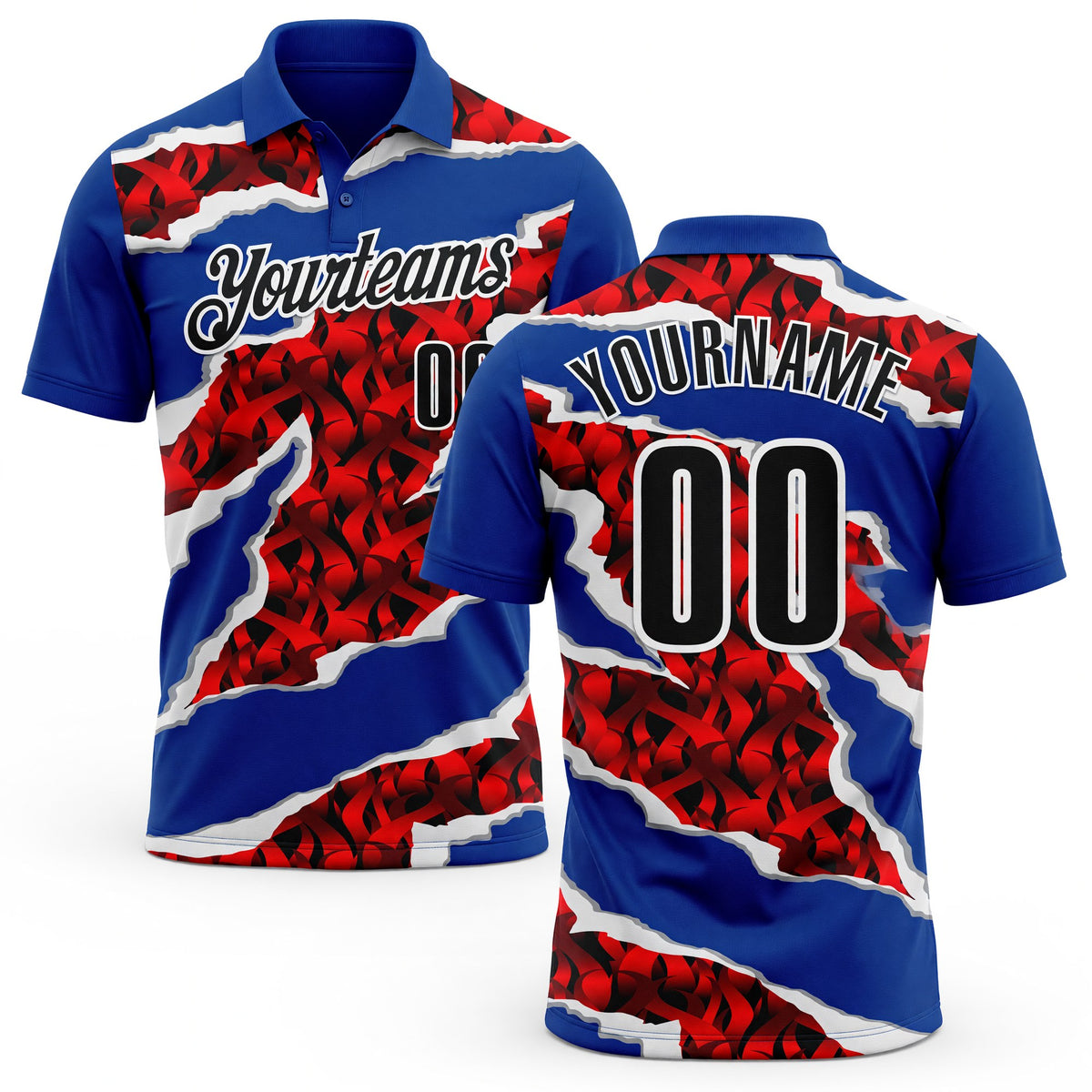 Custom Royal Black-Red 3D Bowling Torn Paper Style Performance Polo Shirt