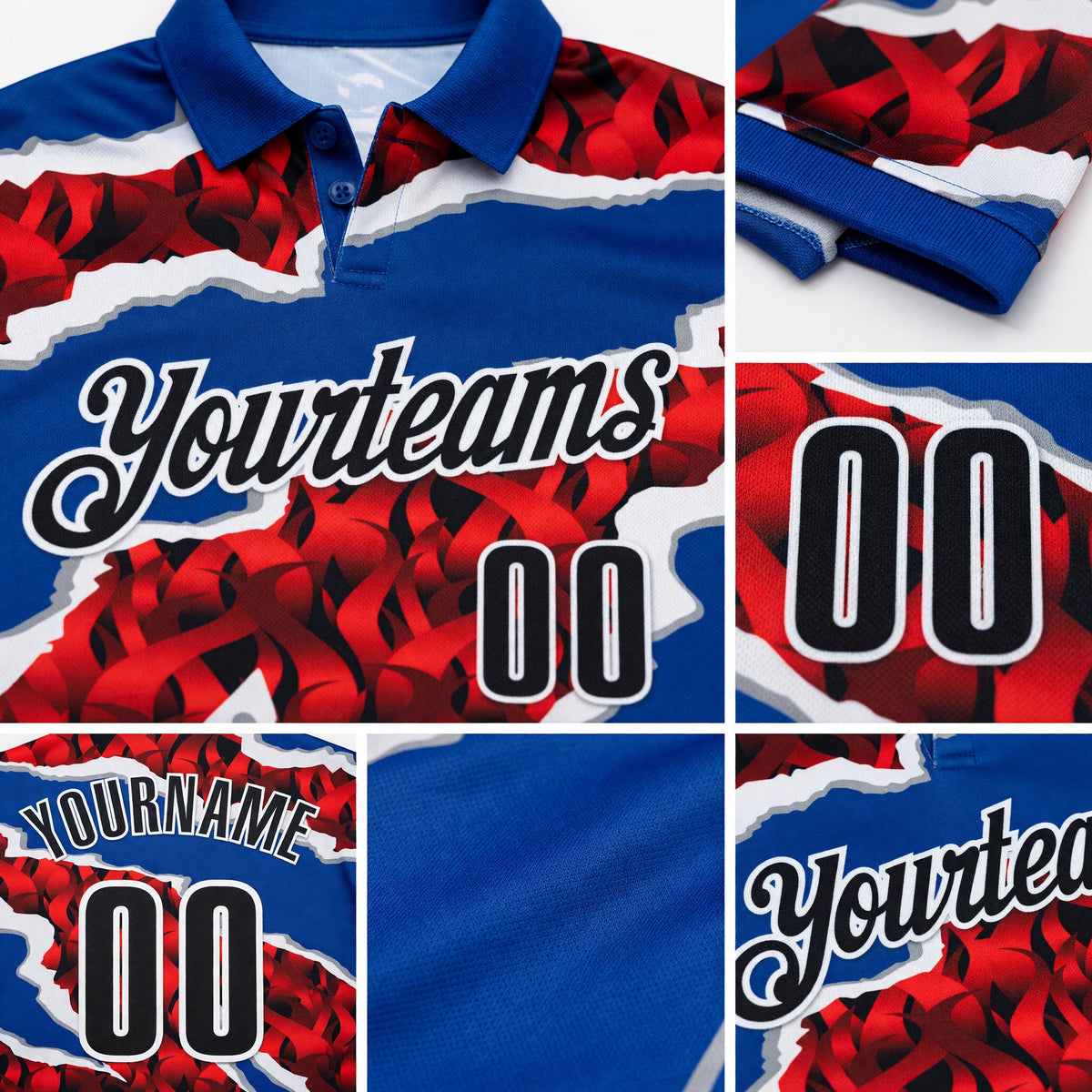 Custom Royal Black-Red 3D Bowling Torn Paper Style Performance Polo Shirt detail