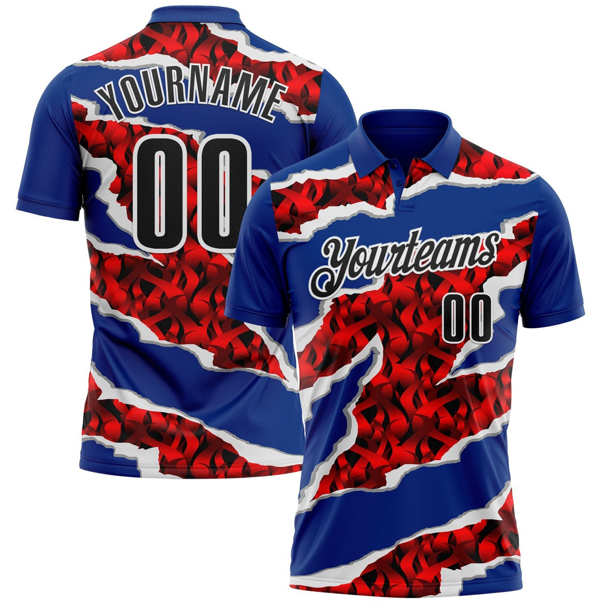 Custom Royal Black-Red 3D Bowling Torn Paper Style Performance Polo Shirt photo 1