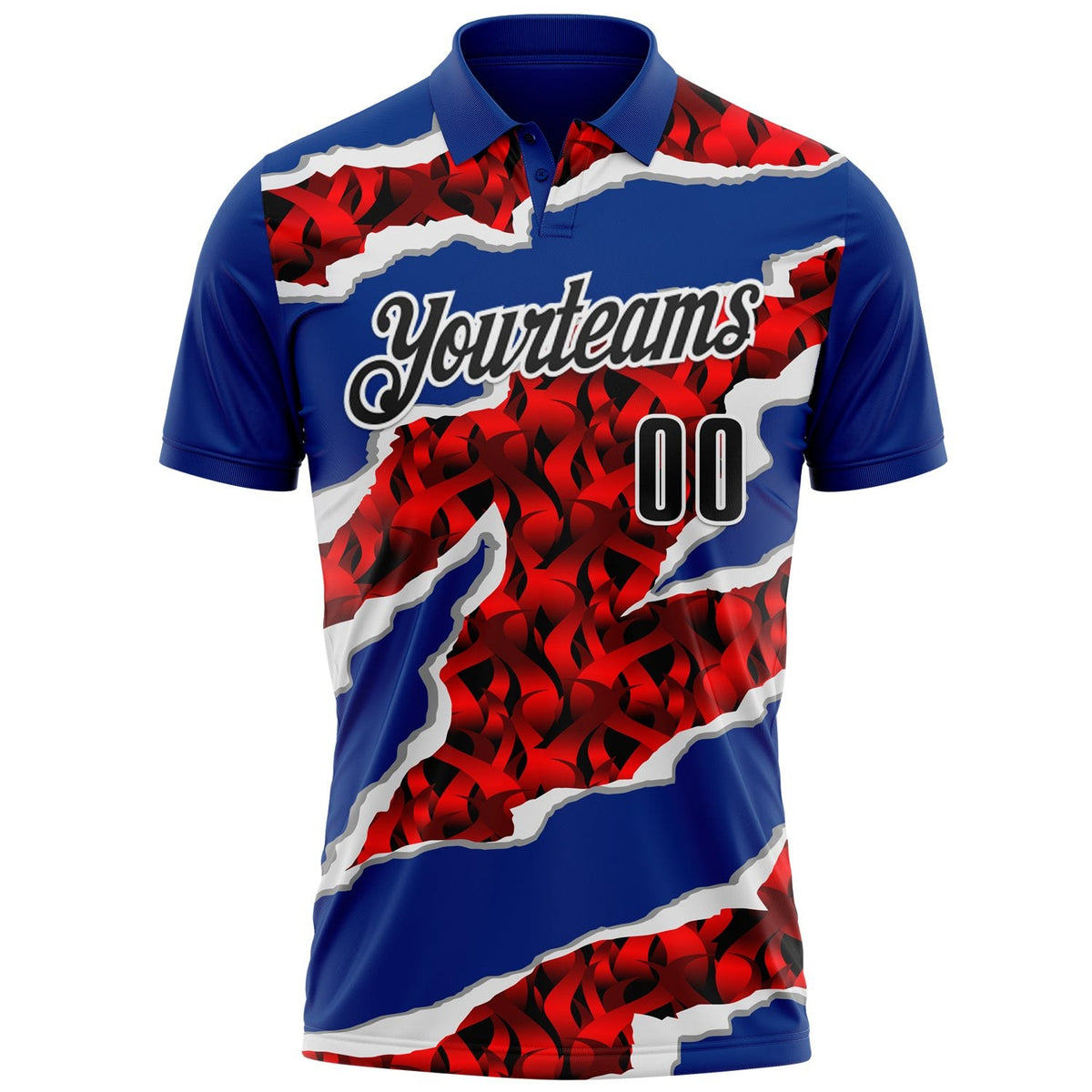 Custom Royal Black-Red 3D Bowling Torn Paper Style Performance Polo Shirt photo 2