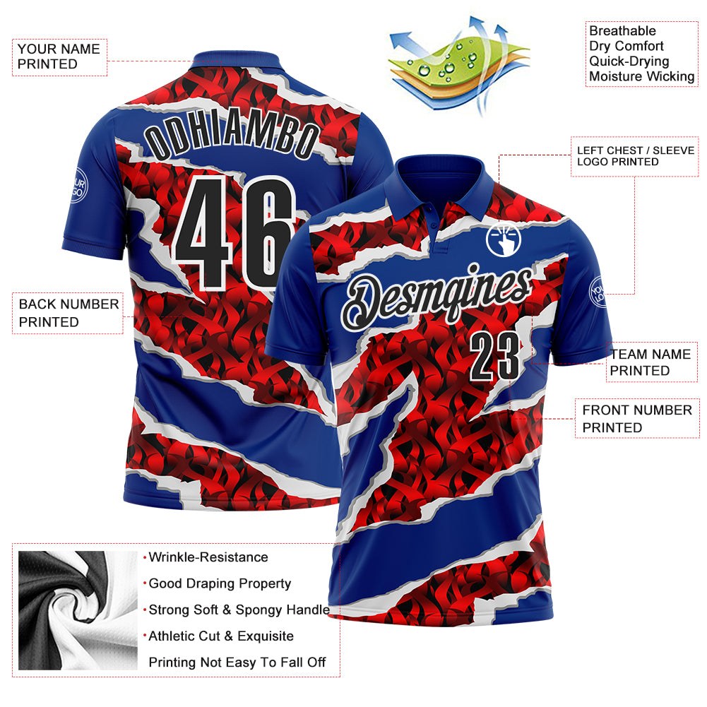 Custom Royal Black-Red 3D Bowling Torn Paper Style Performance Polo Shirt photo 3