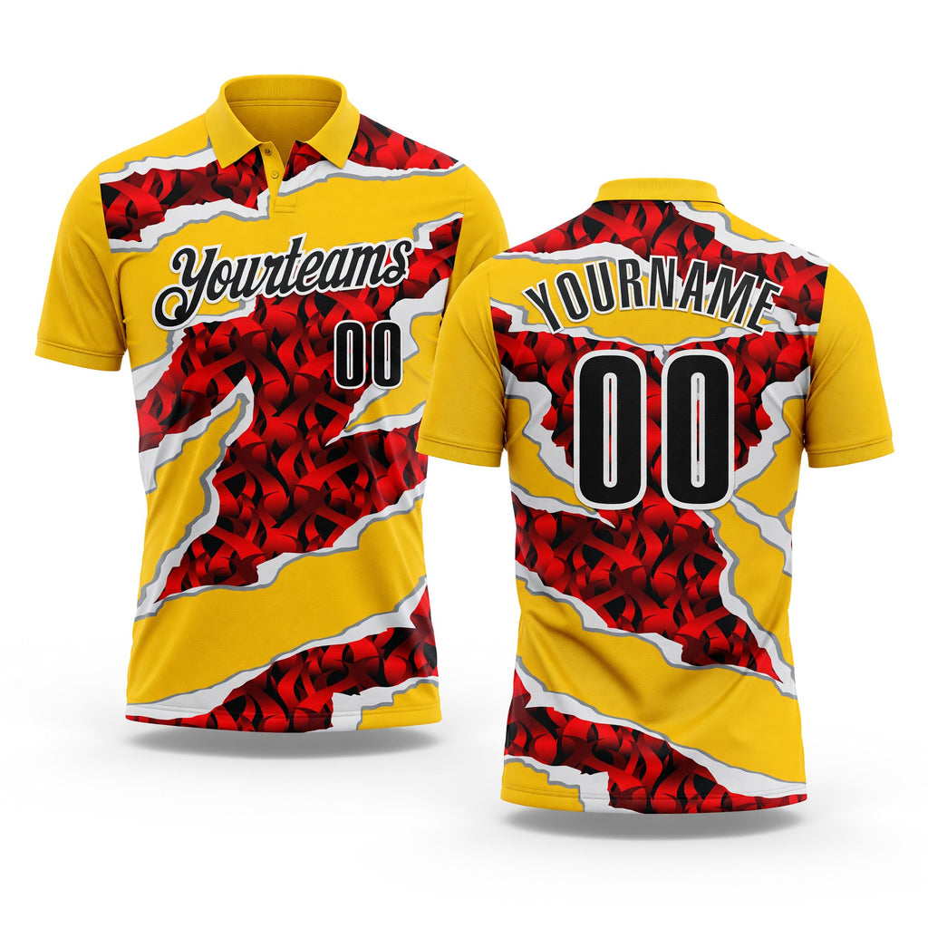 Custom Yellow Black-Red 3D Bowling Torn Paper Style Performance Polo Shirt