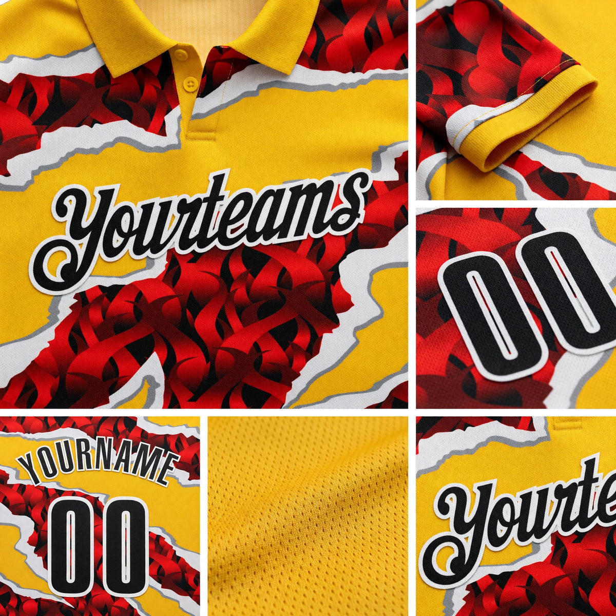 Custom Yellow Black-Red 3D Bowling Torn Paper Style Performance Polo Shirt detail