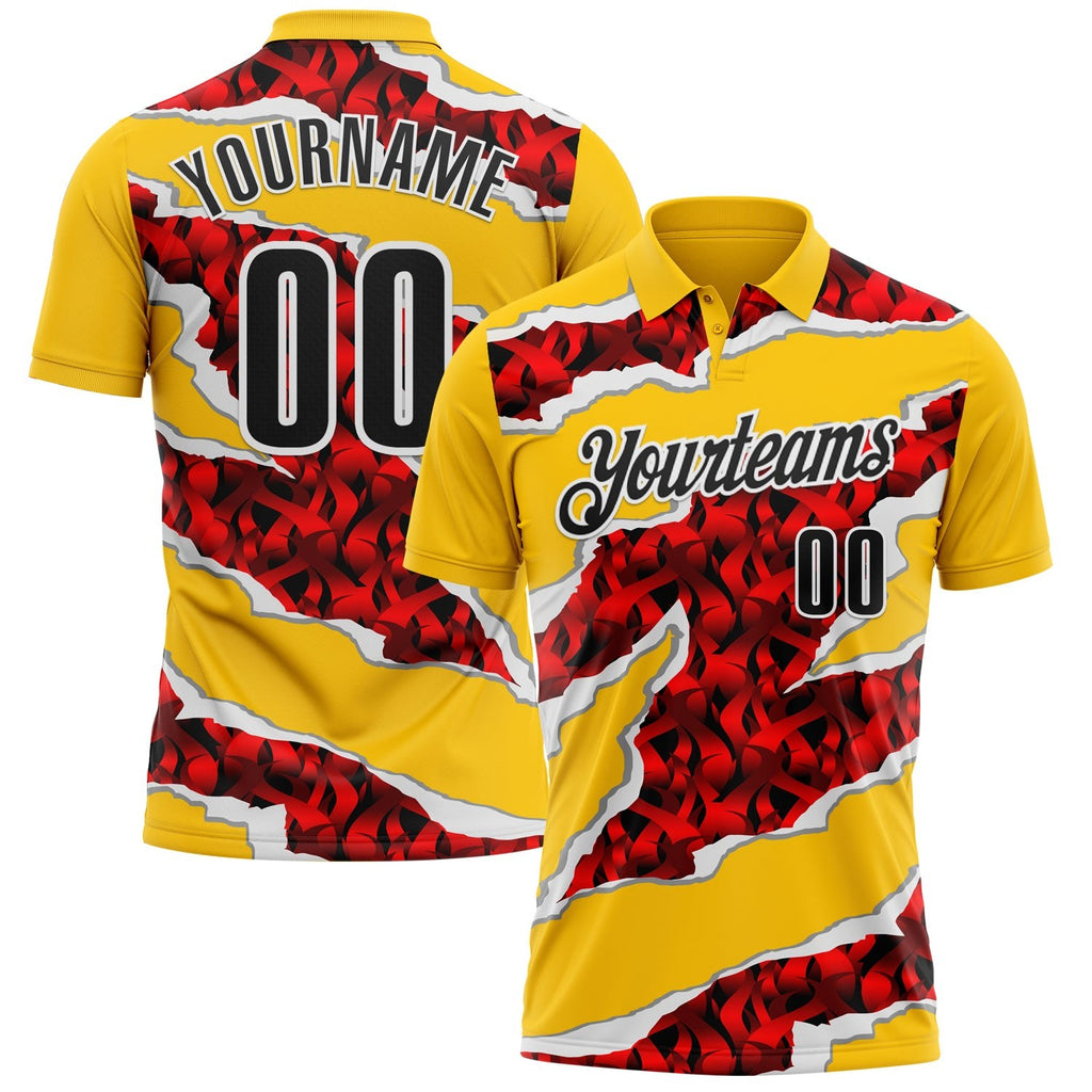 Custom Yellow Black-Red 3D Bowling Torn Paper Style Performance Polo Shirt photo 1