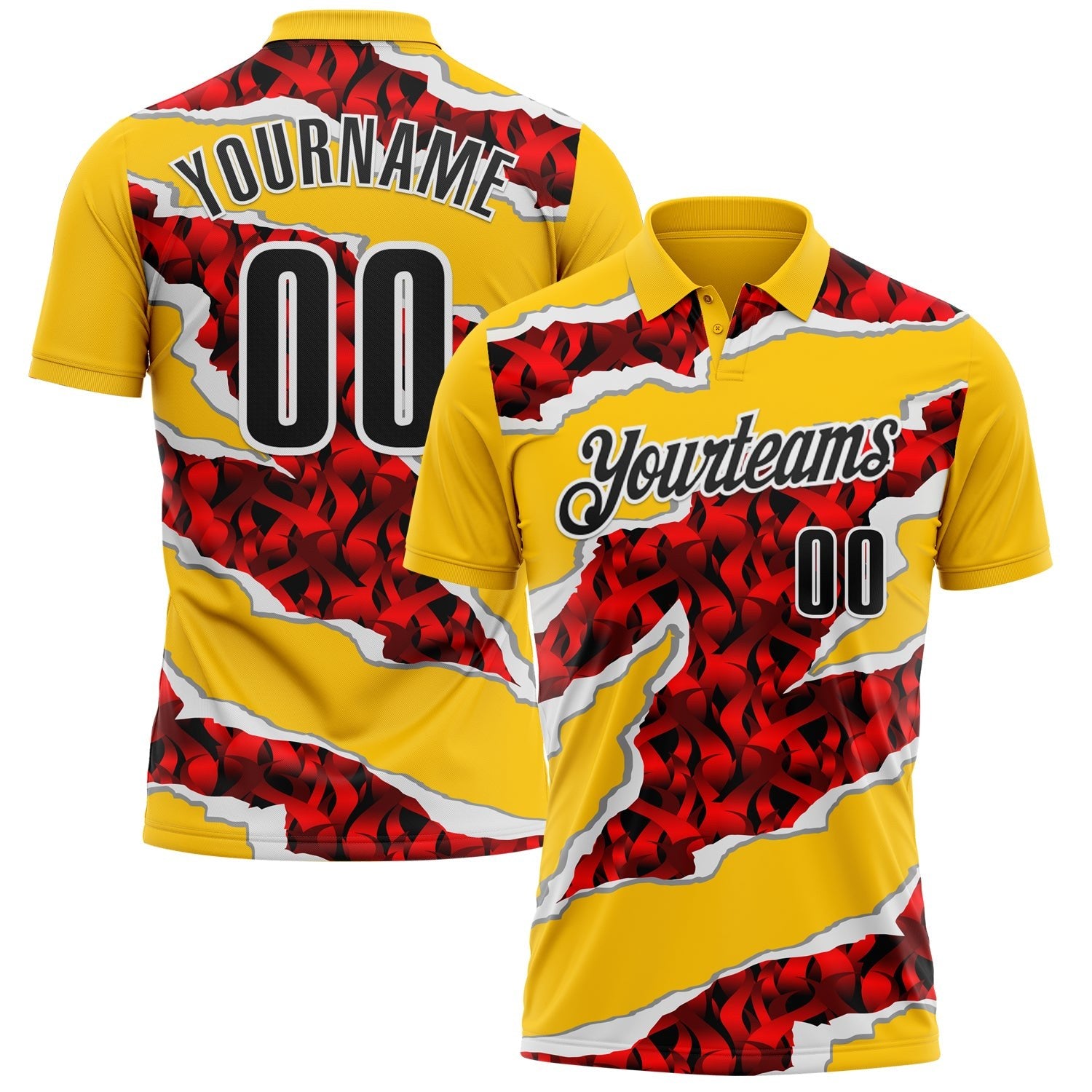 Custom Yellow Black-Red 3D Bowling Torn Paper Style Performance Polo Shirt photo 1
