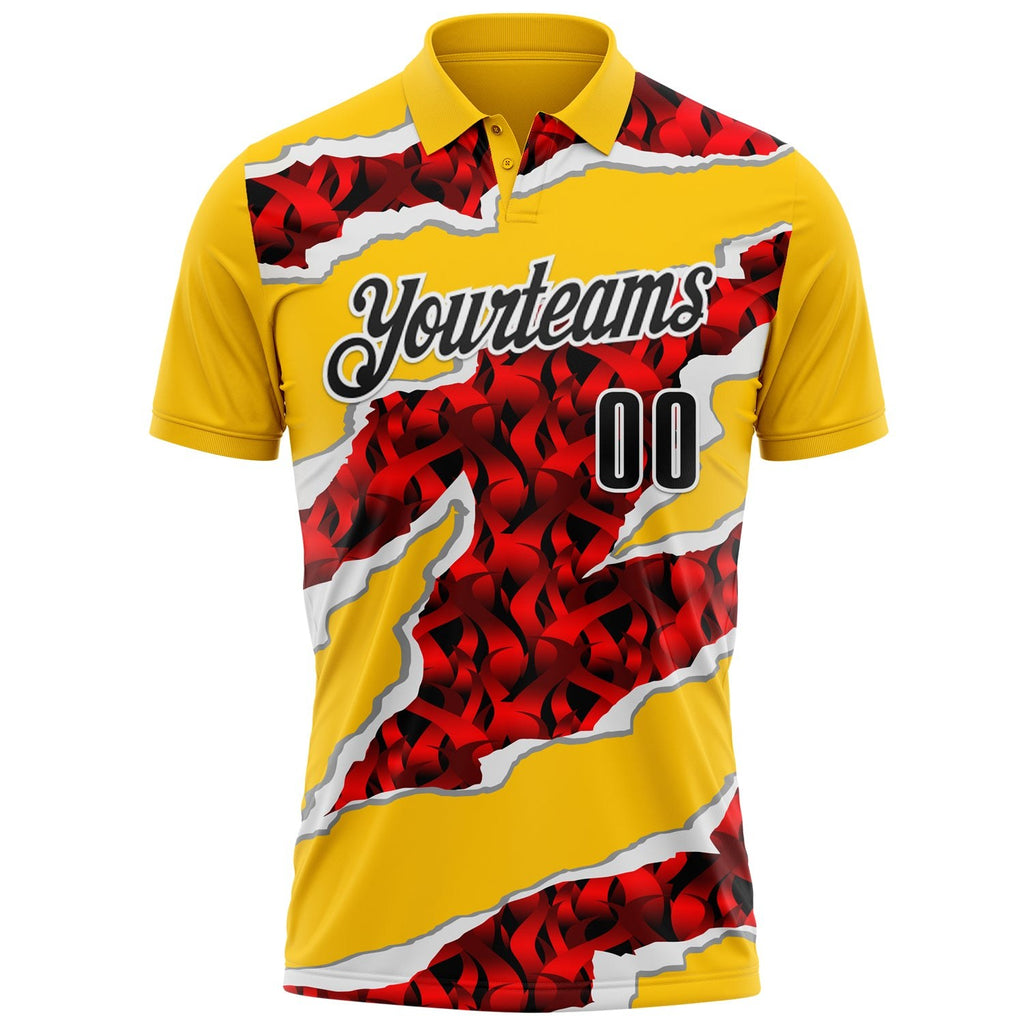 Custom Yellow Black-Red 3D Bowling Torn Paper Style Performance Polo Shirt photo 2