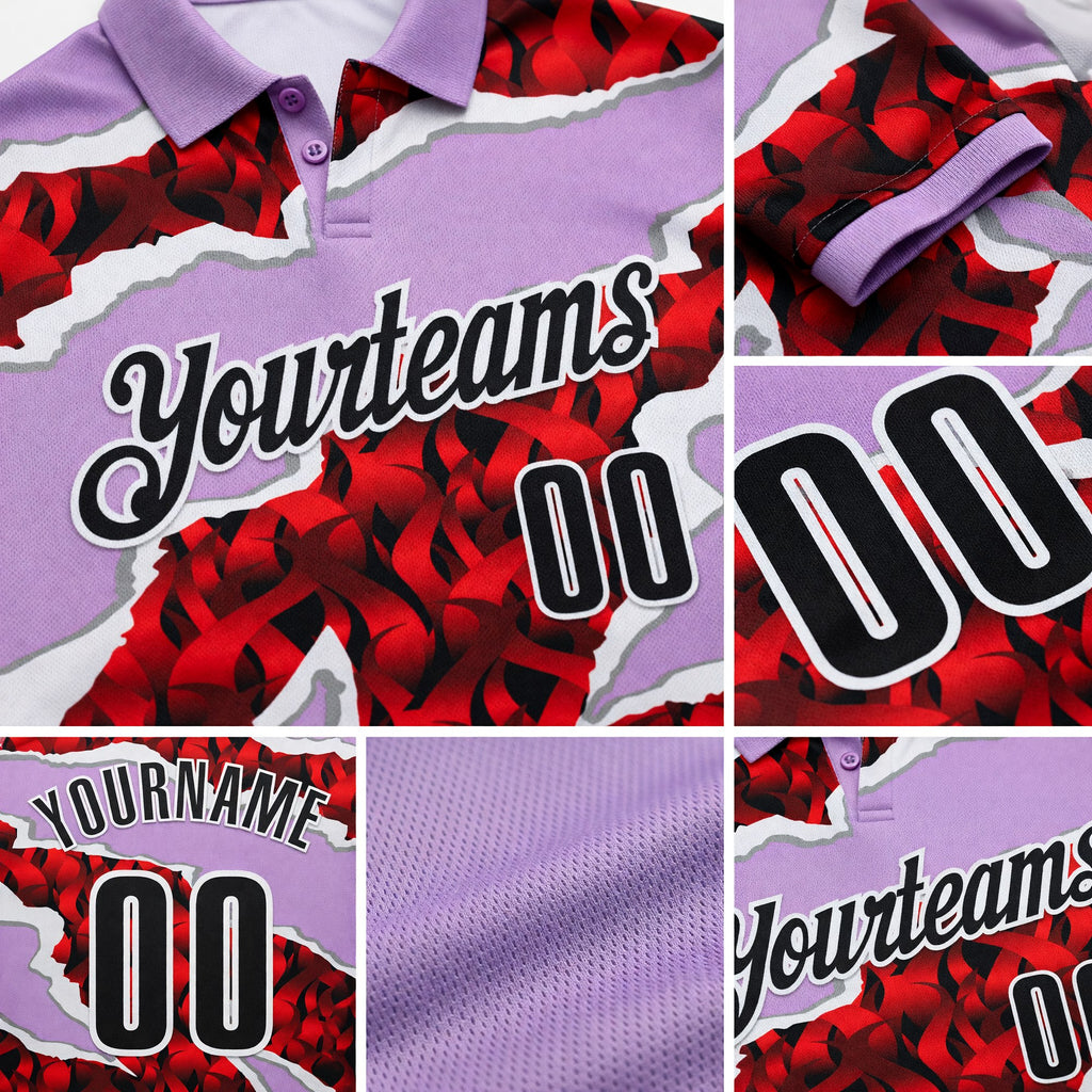 Custom Light Purple Black-Red 3D Bowling Torn Paper Style Performance Polo Shirt detail
