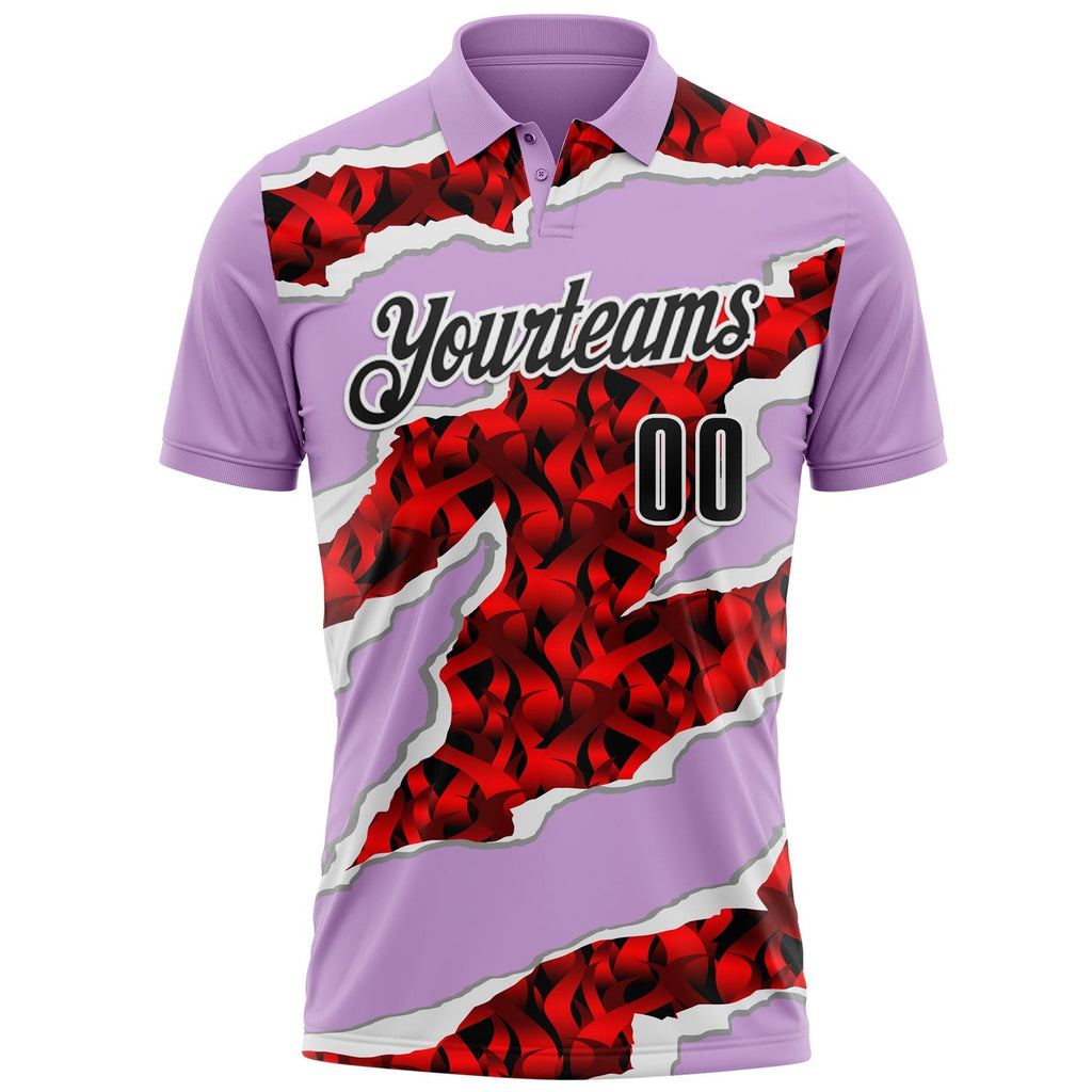 Custom Light Purple Black-Red 3D Bowling Torn Paper Style Performance Polo Shirt photo 2