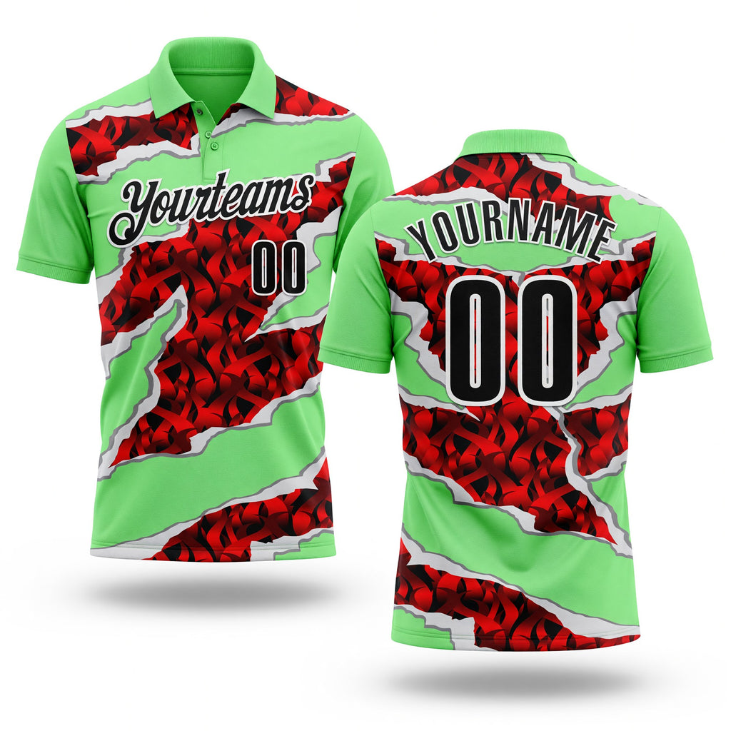 Custom Pea Green Black-Red 3D Bowling Torn Paper Style Performance Polo Shirt
