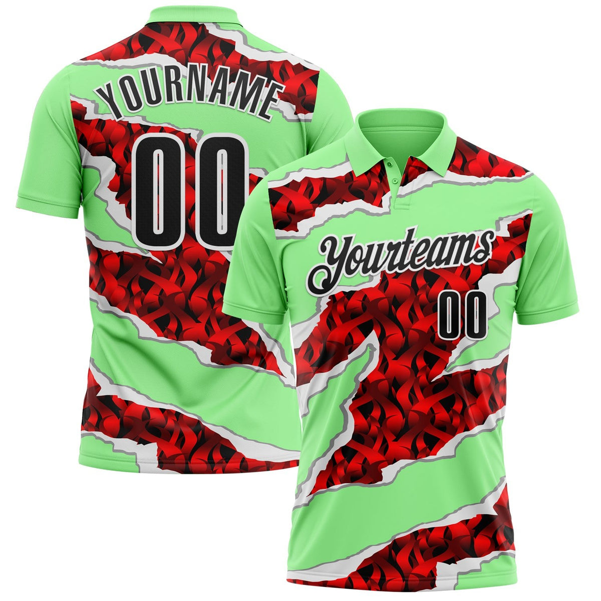 Custom Pea Green Black-Red 3D Bowling Torn Paper Style Performance Polo Shirt photo 1