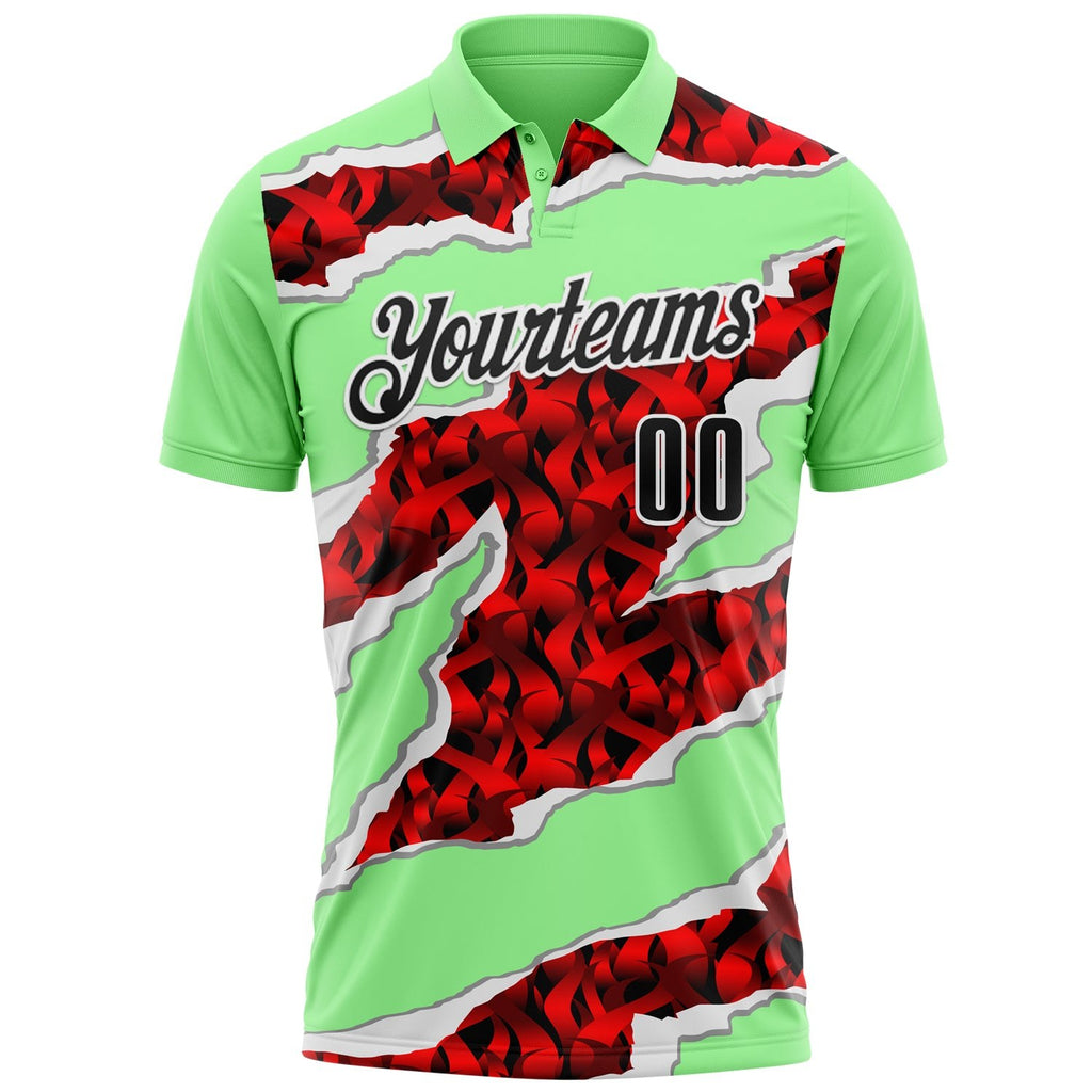 Custom Pea Green Black-Red 3D Bowling Torn Paper Style Performance Polo Shirt photo 2