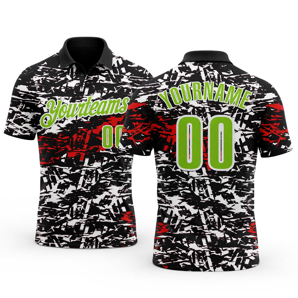 Custom Black Neon Green-Red 3D Bowling Abstract Grunge Art Performance Polo Shirt