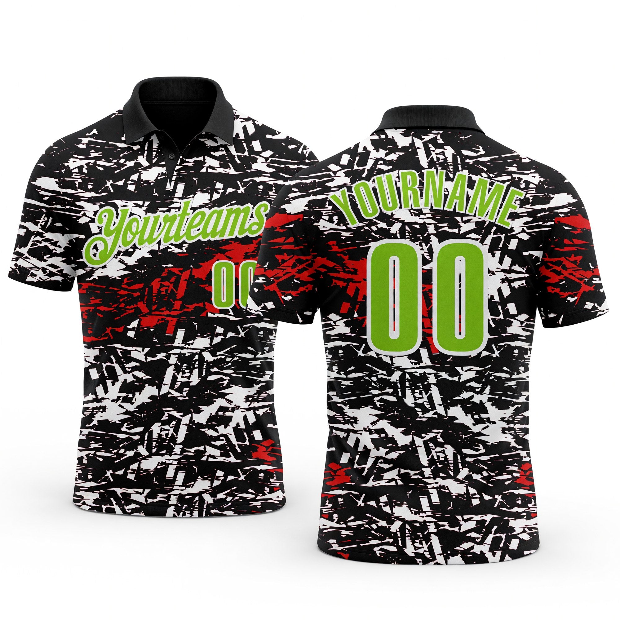 Custom Black Neon Green-Red 3D Bowling Abstract Grunge Art Performance Polo Shirt