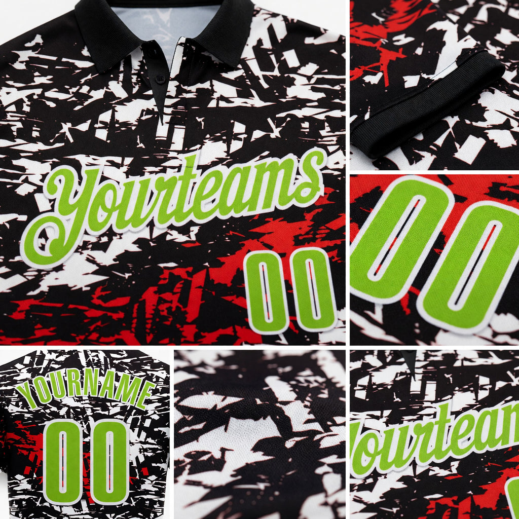 Custom Black Neon Green-Red 3D Bowling Abstract Grunge Art Performance Polo Shirt detail