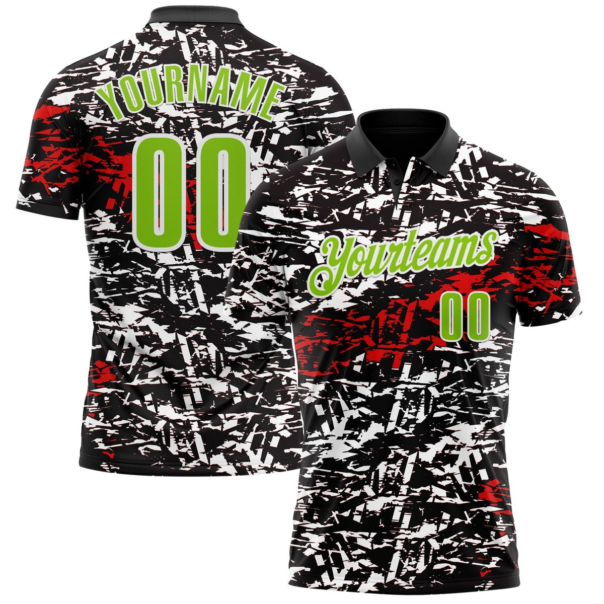 Custom Black Neon Green-Red 3D Bowling Abstract Grunge Art Performance Polo Shirt photo 1