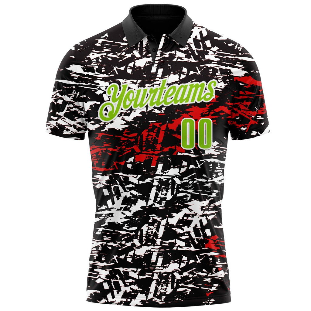 Custom Black Neon Green-Red 3D Bowling Abstract Grunge Art Performance Polo Shirt photo 2