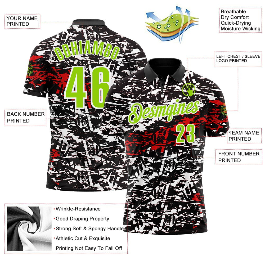 Custom Black Neon Green-Red 3D Bowling Abstract Grunge Art Performance Polo Shirt photo 3