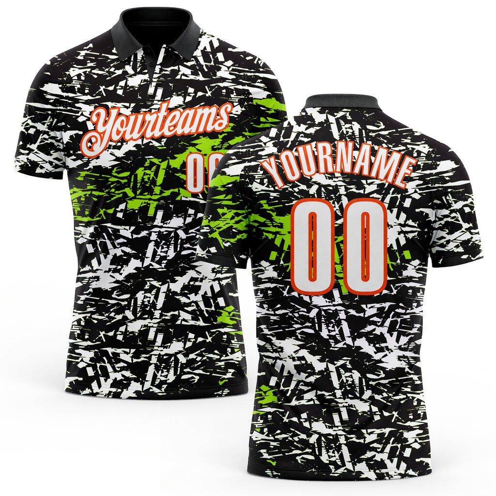 Custom Black Neon Green-Orange 3D Bowling Abstract Grunge Art Performance Polo Shirt
