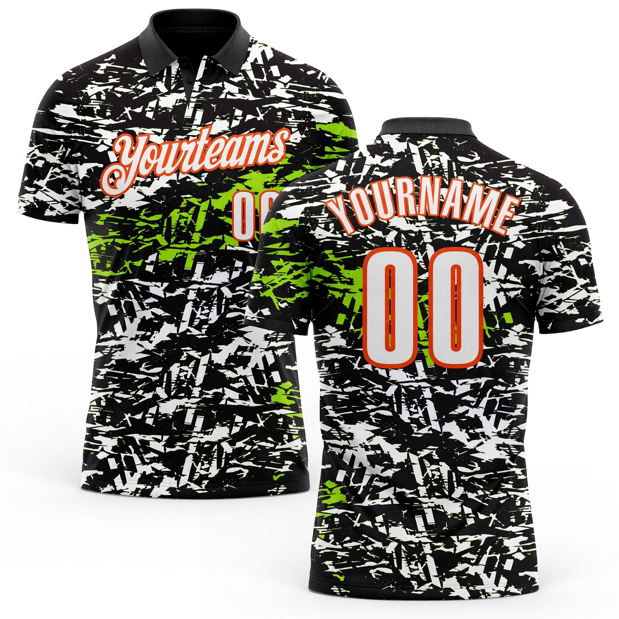 Custom Black Neon Green-Orange 3D Bowling Abstract Grunge Art Performance Polo Shirt