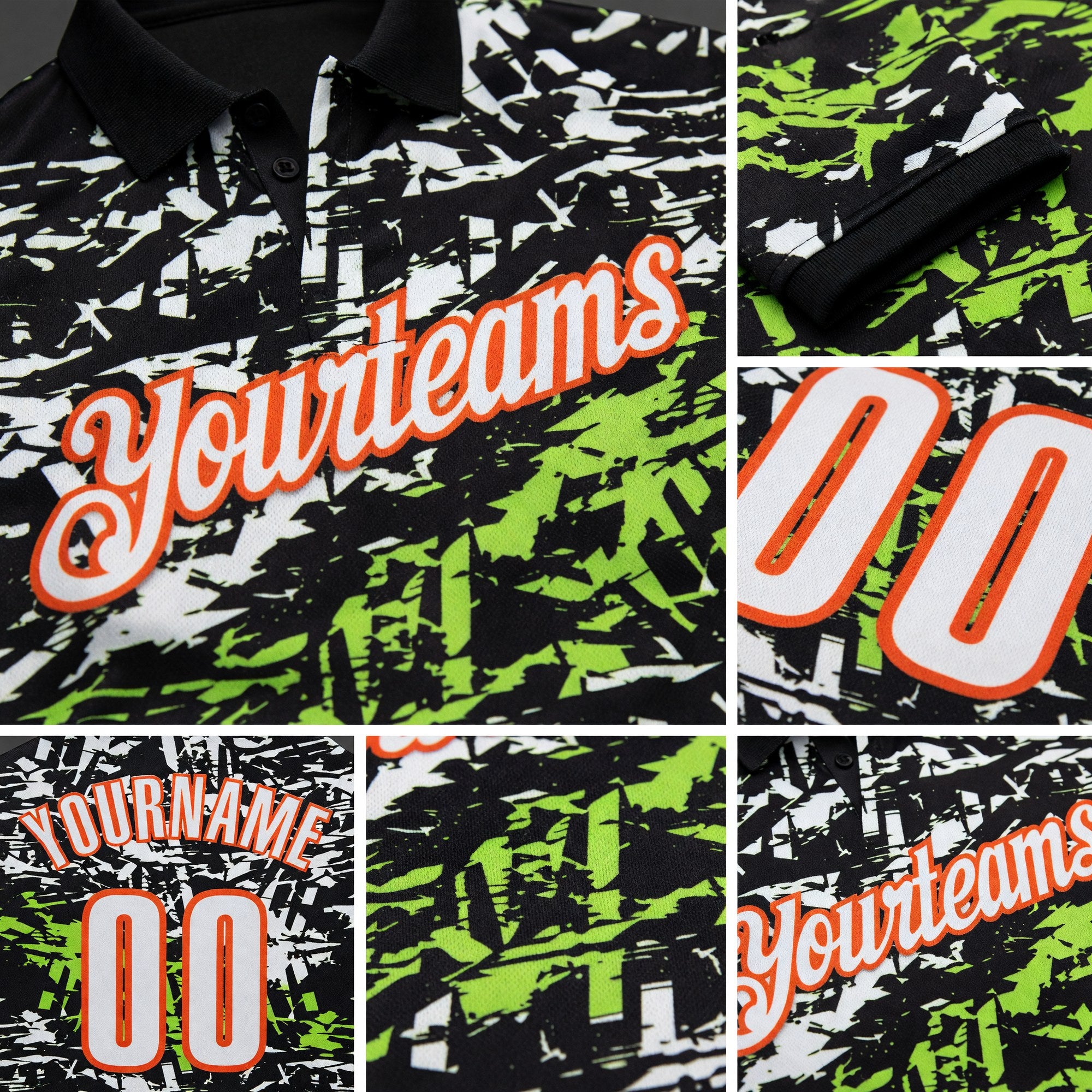Custom Black Neon Green-Orange 3D Bowling Abstract Grunge Art Performance Polo Shirt detail