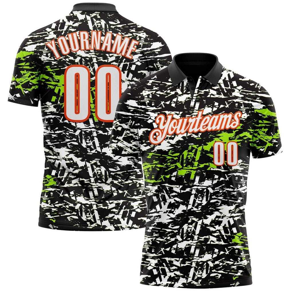 Custom Black Neon Green-Orange 3D Bowling Abstract Grunge Art Performance Polo Shirt photo 1