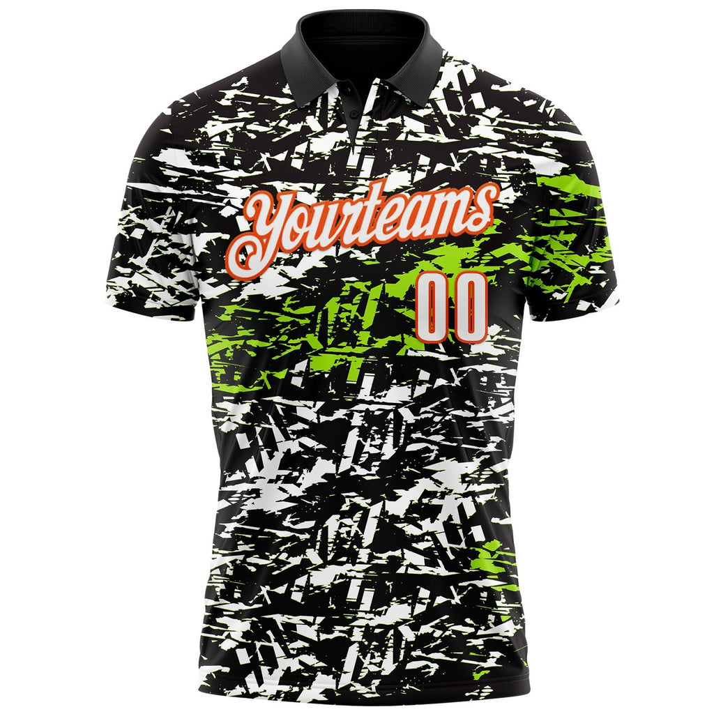 Custom Black Neon Green-Orange 3D Bowling Abstract Grunge Art Performance Polo Shirt photo 2
