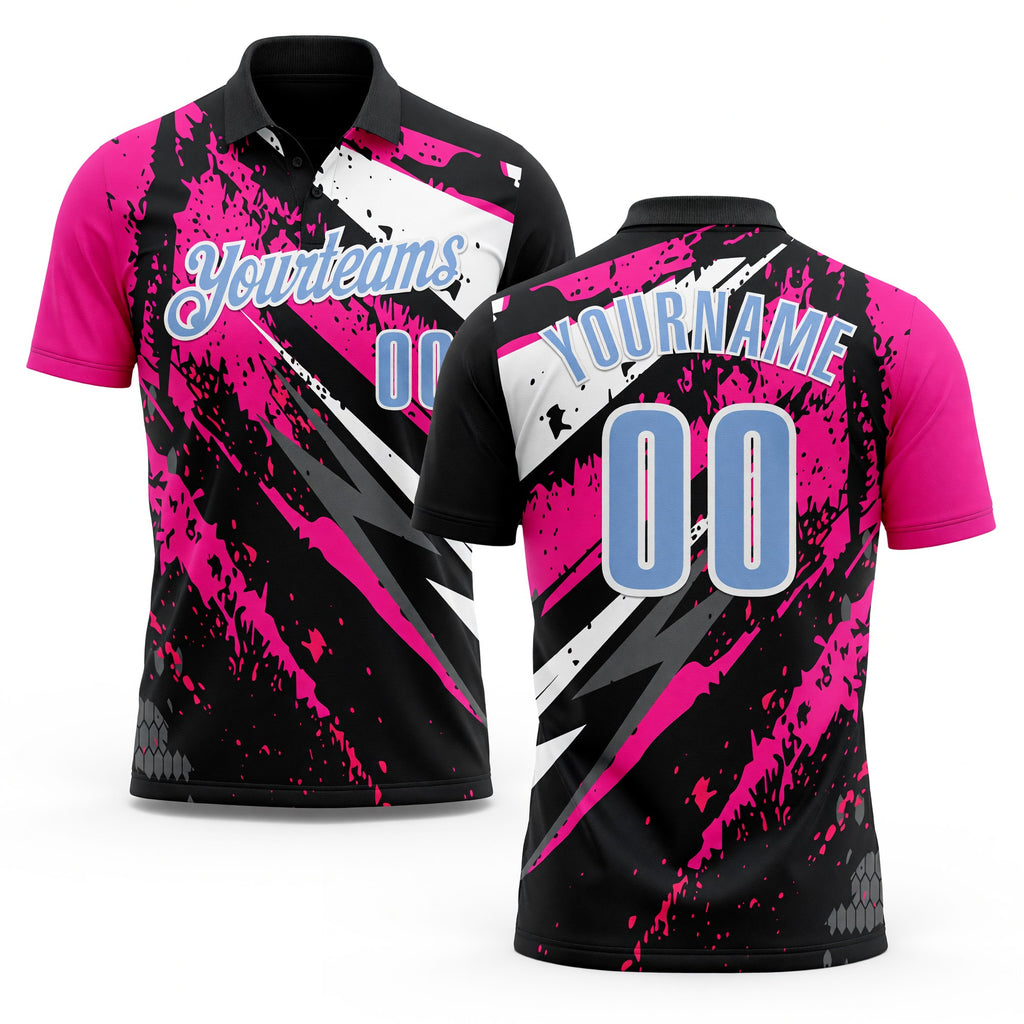 Custom Black Light Blue-Pink 3D Bowling Splash Ink Performance Polo Shirt