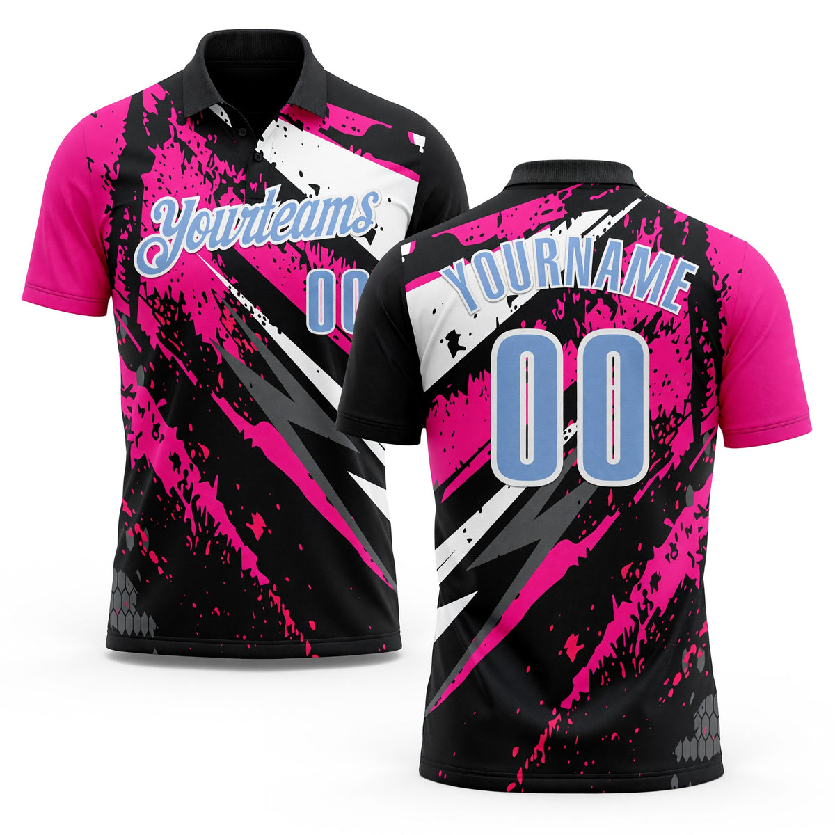 Custom Black Light Blue-Pink 3D Bowling Splash Ink Performance Polo Shirt