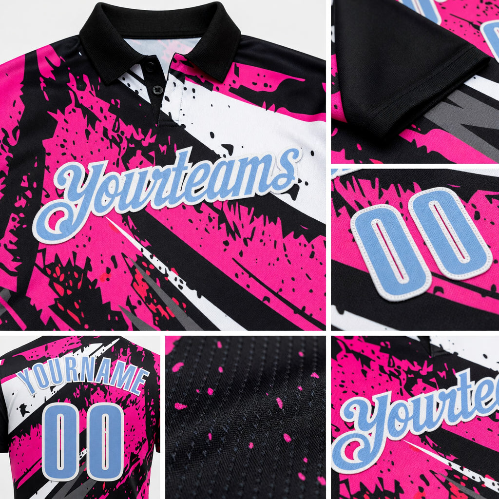Custom Black Light Blue-Pink 3D Bowling Splash Ink Performance Polo Shirt detail