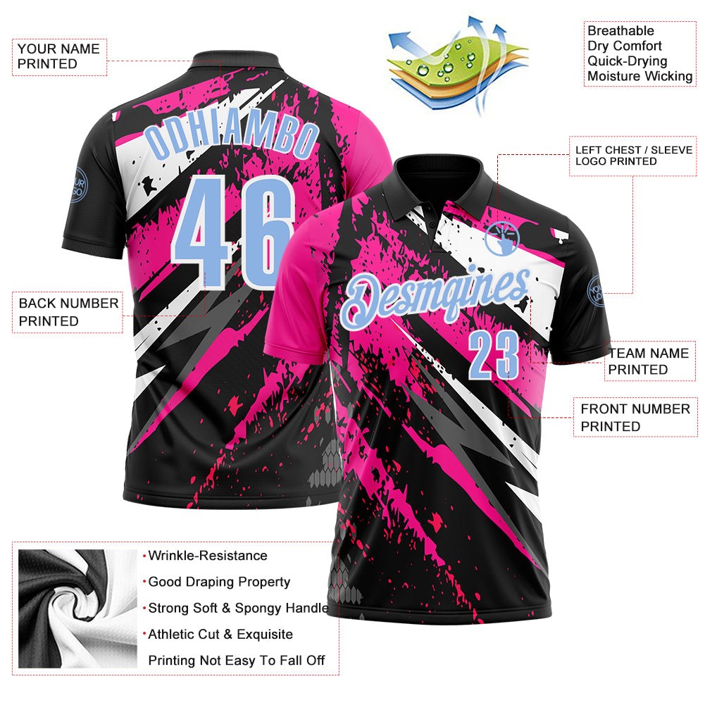 Custom Black Light Blue-Pink 3D Bowling Splash Ink Performance Polo Shirt photo 3