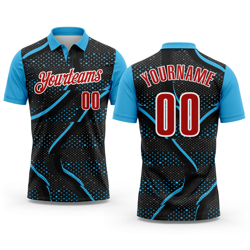 Custom Black Red-Sky Blue 3D Bowling Dot Performance Polo Shirt