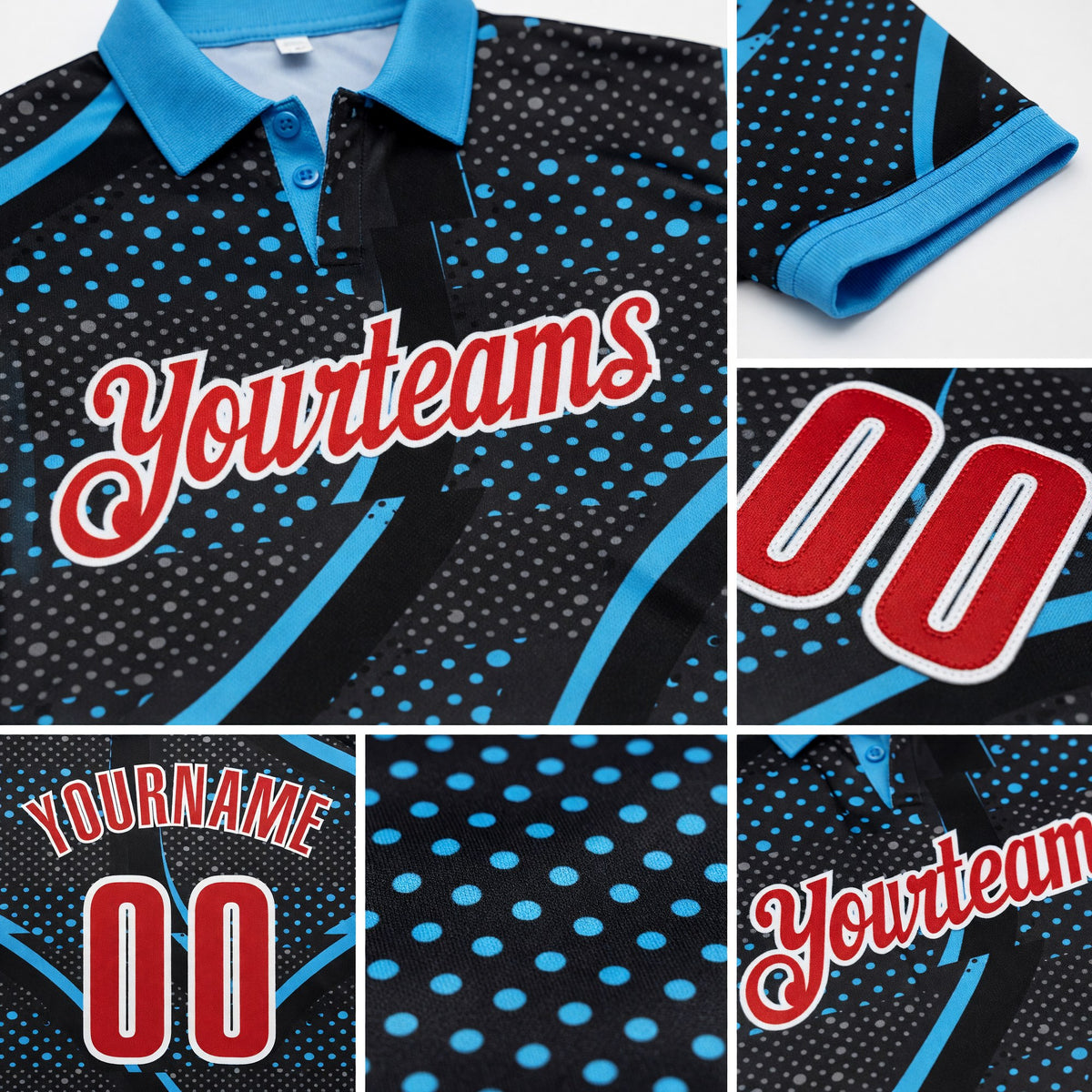 Custom Black Red-Sky Blue 3D Bowling Dot Performance Polo Shirt detail