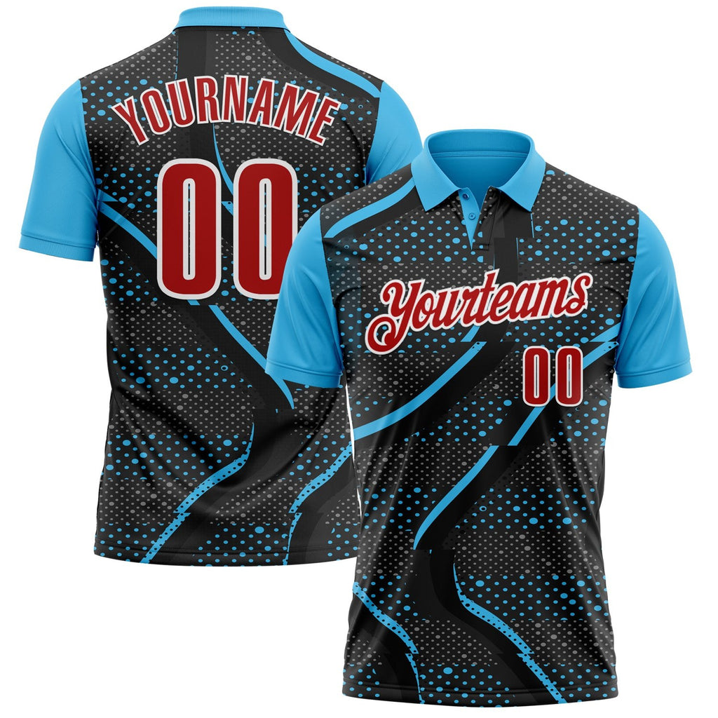 Custom Black Red-Sky Blue 3D Bowling Dot Performance Polo Shirt photo 1