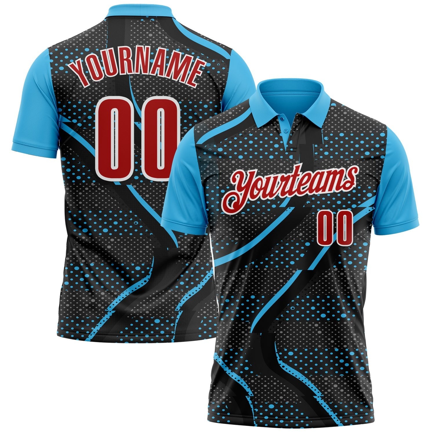 Custom Black Red-Sky Blue 3D Bowling Dot Performance Polo Shirt photo 1