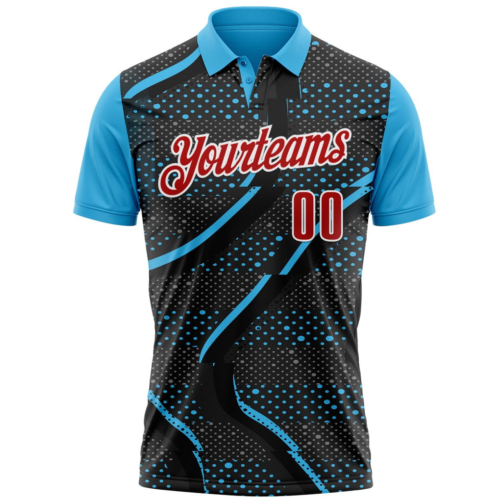 Custom Black Red-Sky Blue 3D Bowling Dot Performance Polo Shirt photo 2