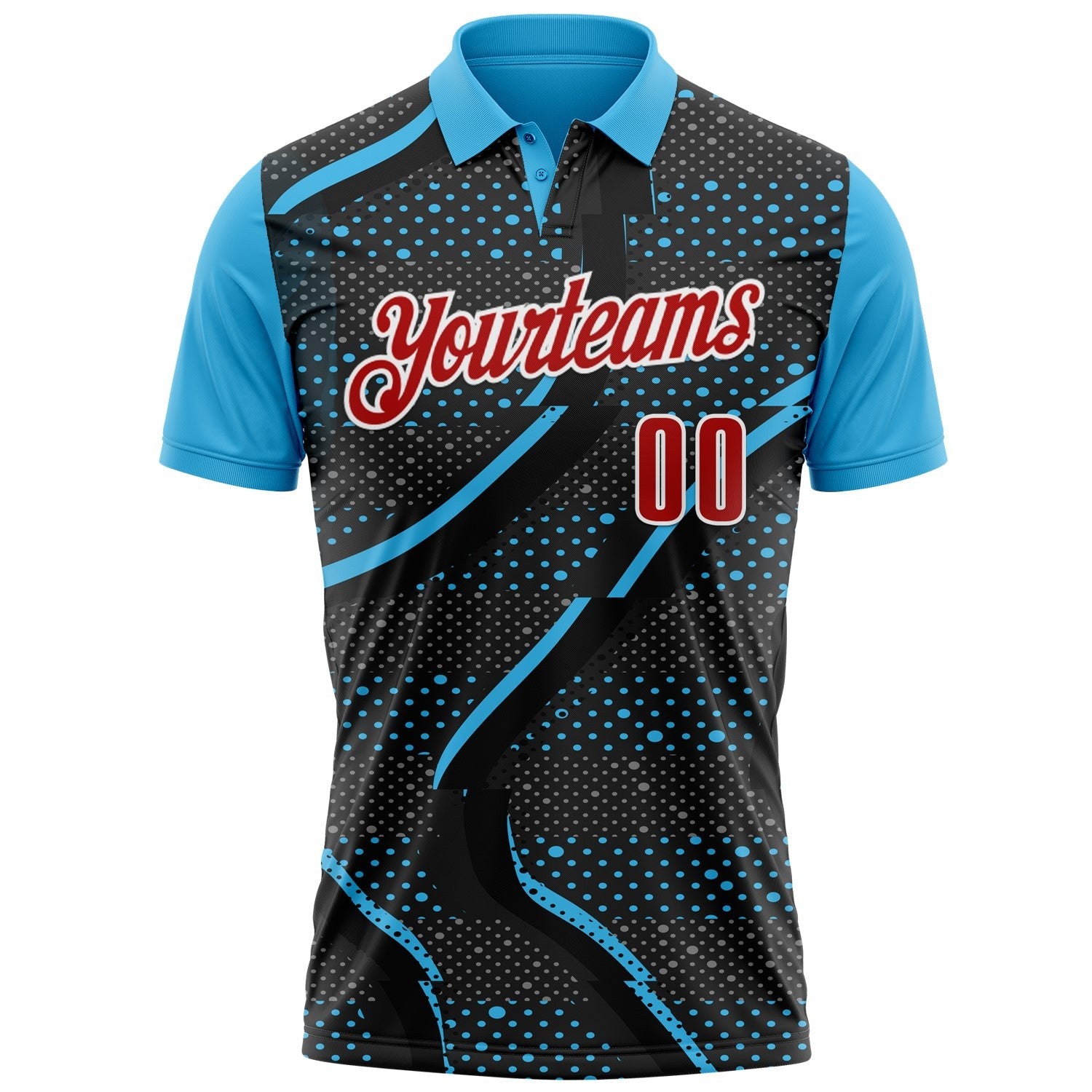 Custom Black Red-Sky Blue 3D Bowling Dot Performance Polo Shirt photo 2