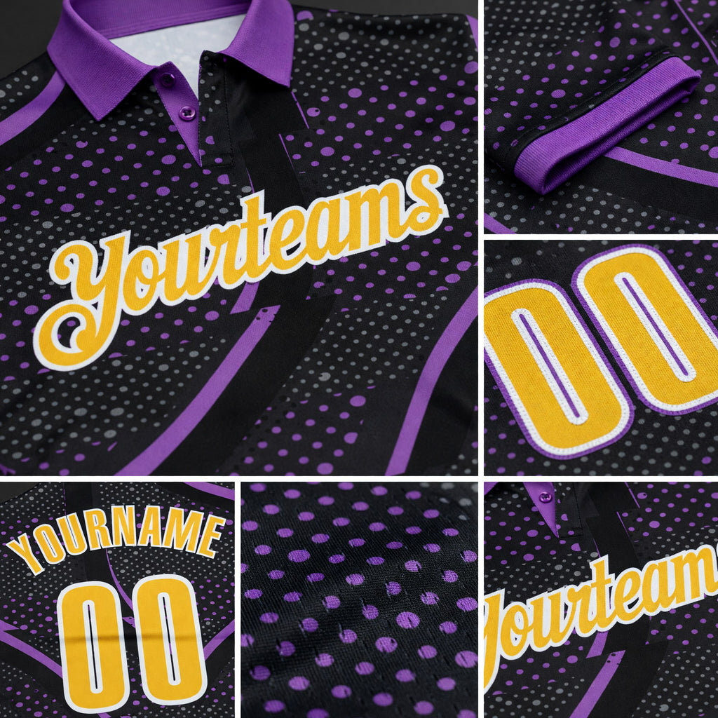Custom Black Yellow-Medium Purple 3D Bowling Dot Performance Polo Shirt detail