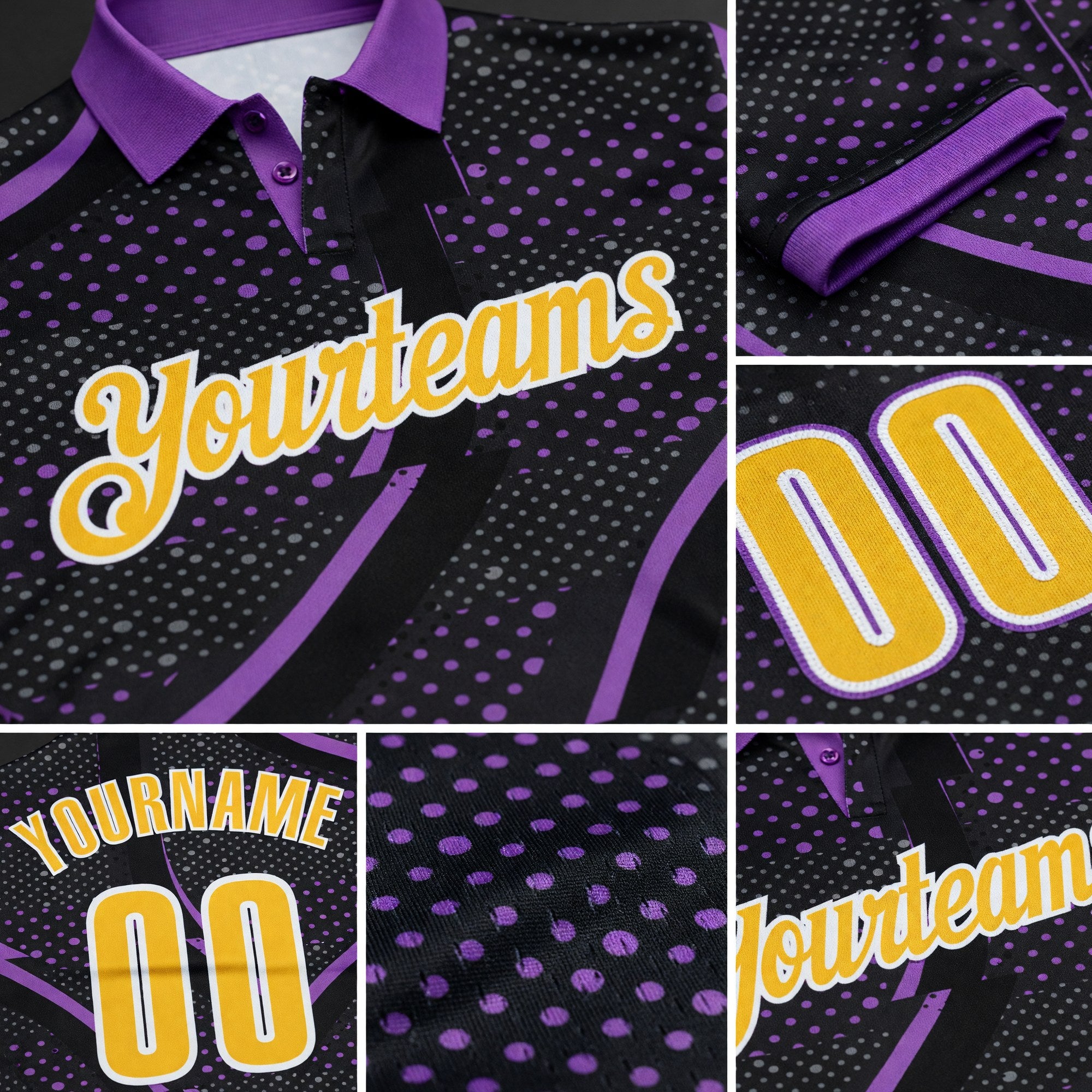 Custom Black Yellow-Medium Purple 3D Bowling Dot Performance Polo Shirt detail