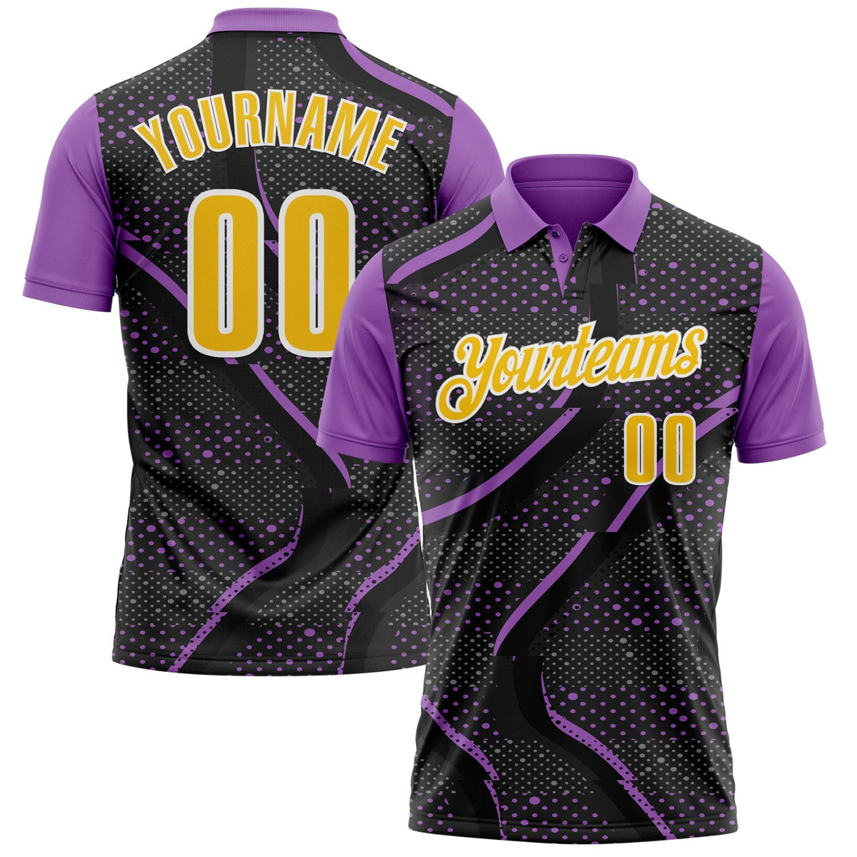 Custom Black Yellow-Medium Purple 3D Bowling Dot Performance Polo Shirt photo 1