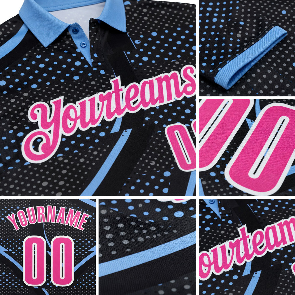 Custom Black Pink-Light Blue 3D Bowling Dot Performance Polo Shirt detail