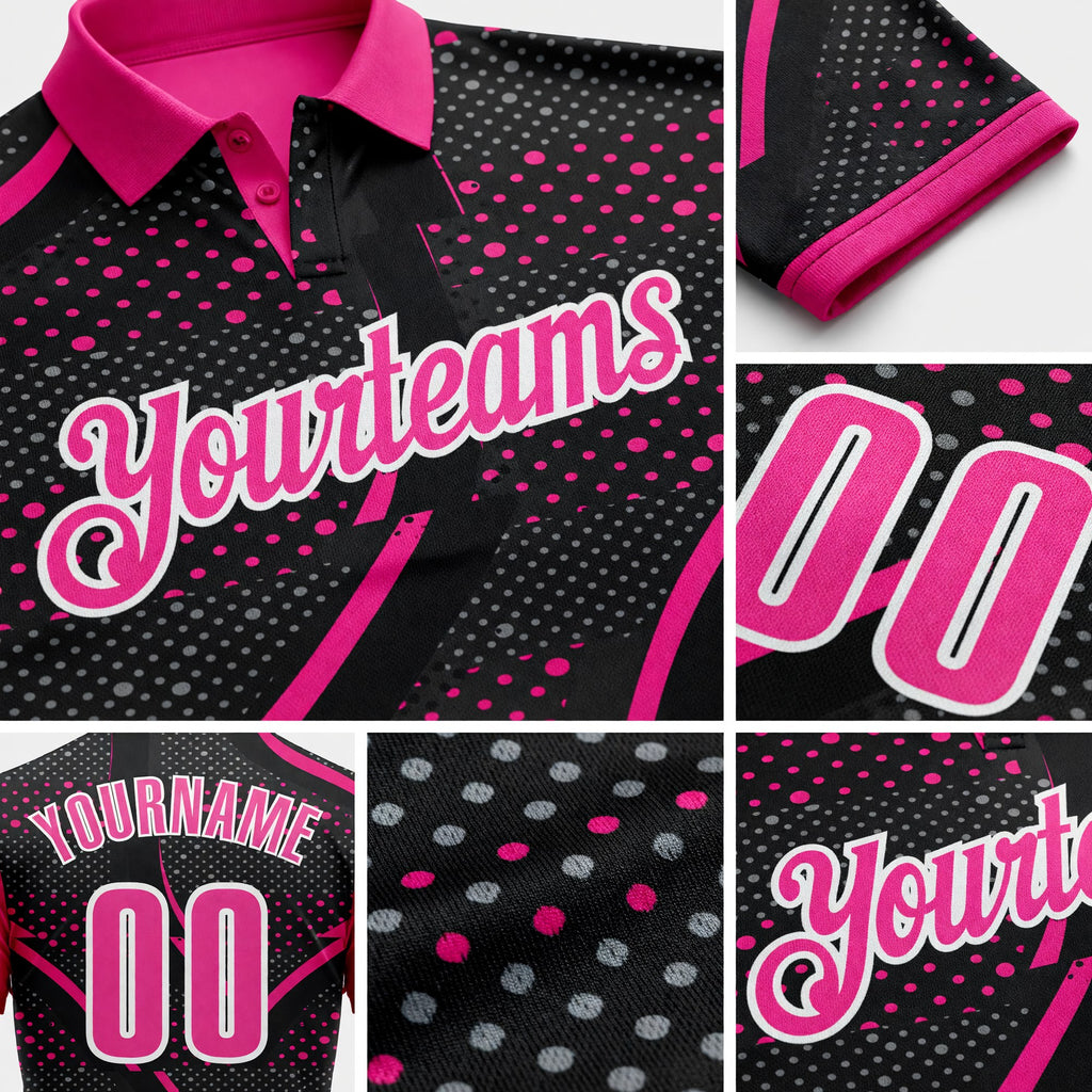 Custom Black Pink-Hot Pink 3D Bowling Dot Performance Polo Shirt detail