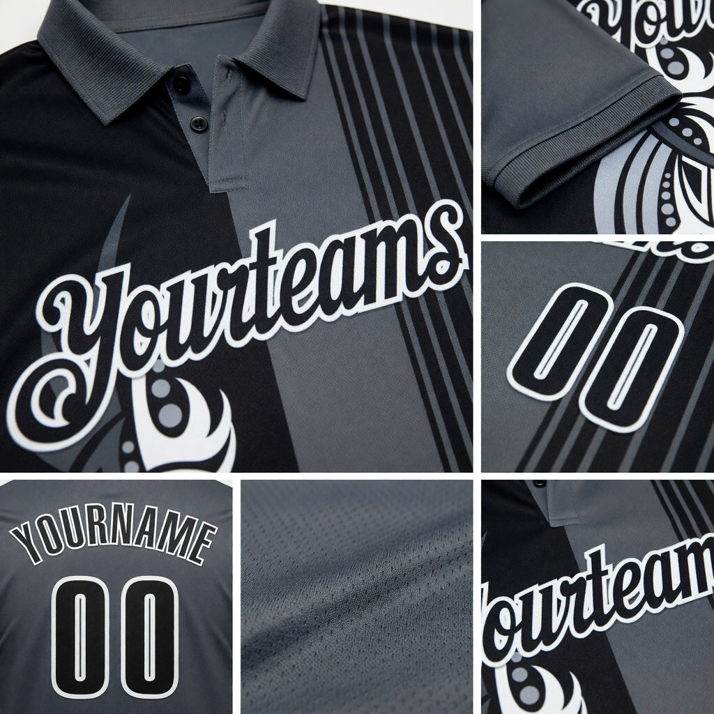 Custom Steel Gray Black-White 3D Bowling Tattoos Performance Polo Shirt detail