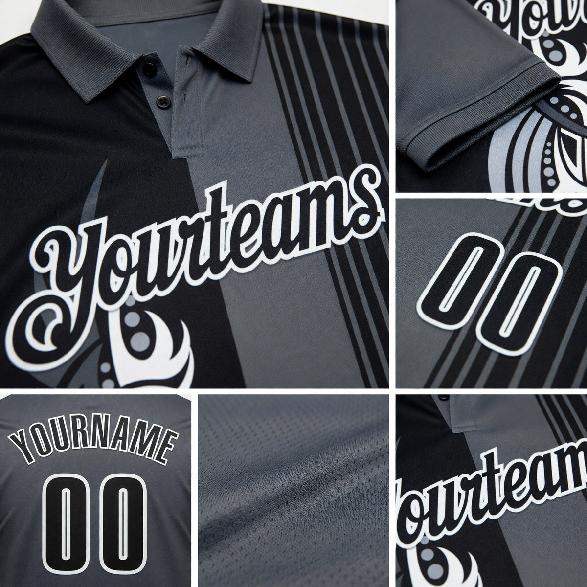 Custom Steel Gray Black-White 3D Bowling Tattoos Performance Polo Shirt detail