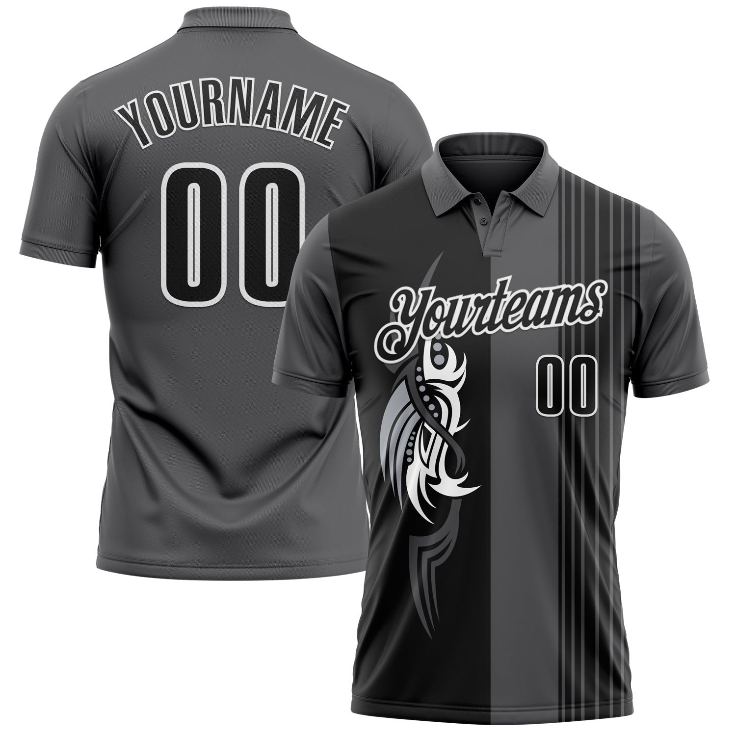 Custom Steel Gray Black-White 3D Bowling Tattoos Performance Polo Shirt photo 1