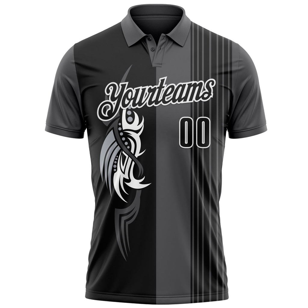 Custom Steel Gray Black-White 3D Bowling Tattoos Performance Polo Shirt photo 2