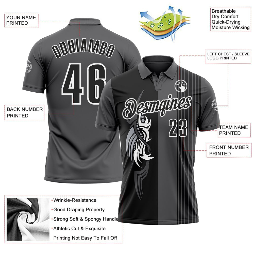Custom Steel Gray Black-White 3D Bowling Tattoos Performance Polo Shirt photo 3